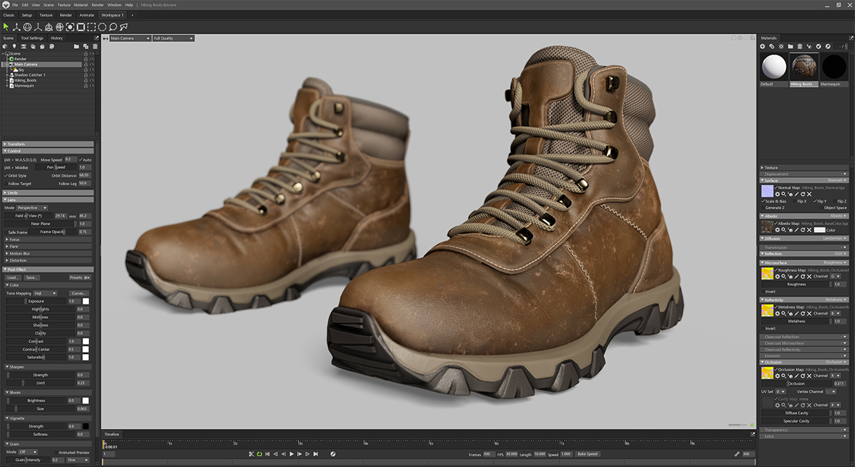 Hiking boots rendered in Marmoset with realistic details.